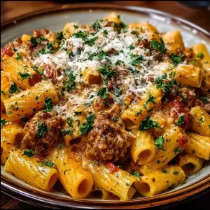 Creamy sausage rigatoni served in a bowl with fresh herbs and grated cheese