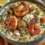 A bowl of creamy seafood chowder filled with shrimp and clams