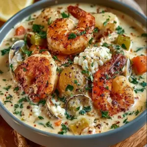 A bowl of creamy seafood chowder filled with shrimp and clams