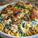 Creamy spinach mushroom pasta casserole topped with cheese and herbs