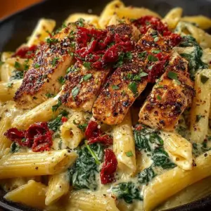 Creamy Tuscan Chicken Pasta with chicken, spinach, and sun-dried tomatoes