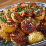 Crispy Garlic Parmesan Potatoes served in a bowl, garnished with herbs.