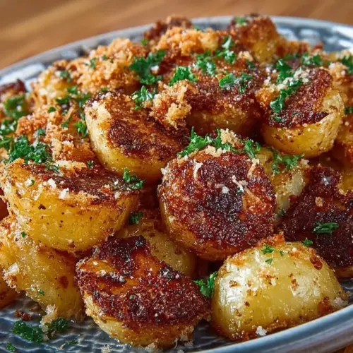 Crispy Garlic Parmesan Potatoes served in a bowl, garnished with herbs.