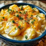 Crockpot Cheesy Potatoes dish with melted cheese and crispy edges