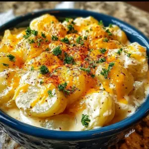 Crockpot Cheesy Potatoes dish with melted cheese and crispy edges