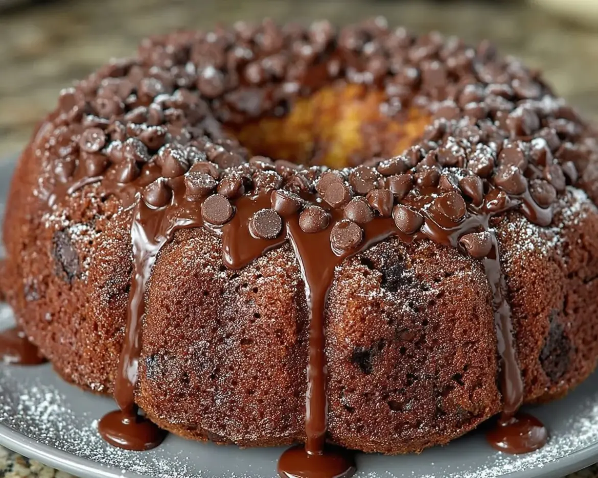 Delicious Death By Chocolate Bundt Cake topped with rich chocolate ganache.