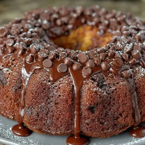 Delicious Death By Chocolate Bundt Cake topped with rich chocolate ganache.
