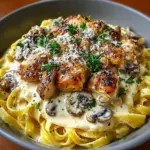 Creamy chicken mushroom pasta dish garnished with fresh herbs