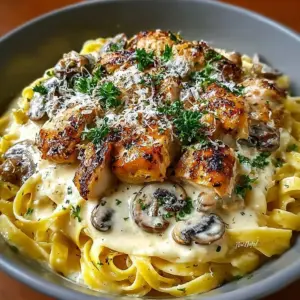 Creamy chicken mushroom pasta dish garnished with fresh herbs