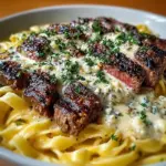 Steak served over creamy Gorgonzola Alfredo Pasta garnished with herbs