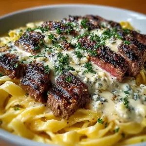 Steak served over creamy Gorgonzola Alfredo Pasta garnished with herbs