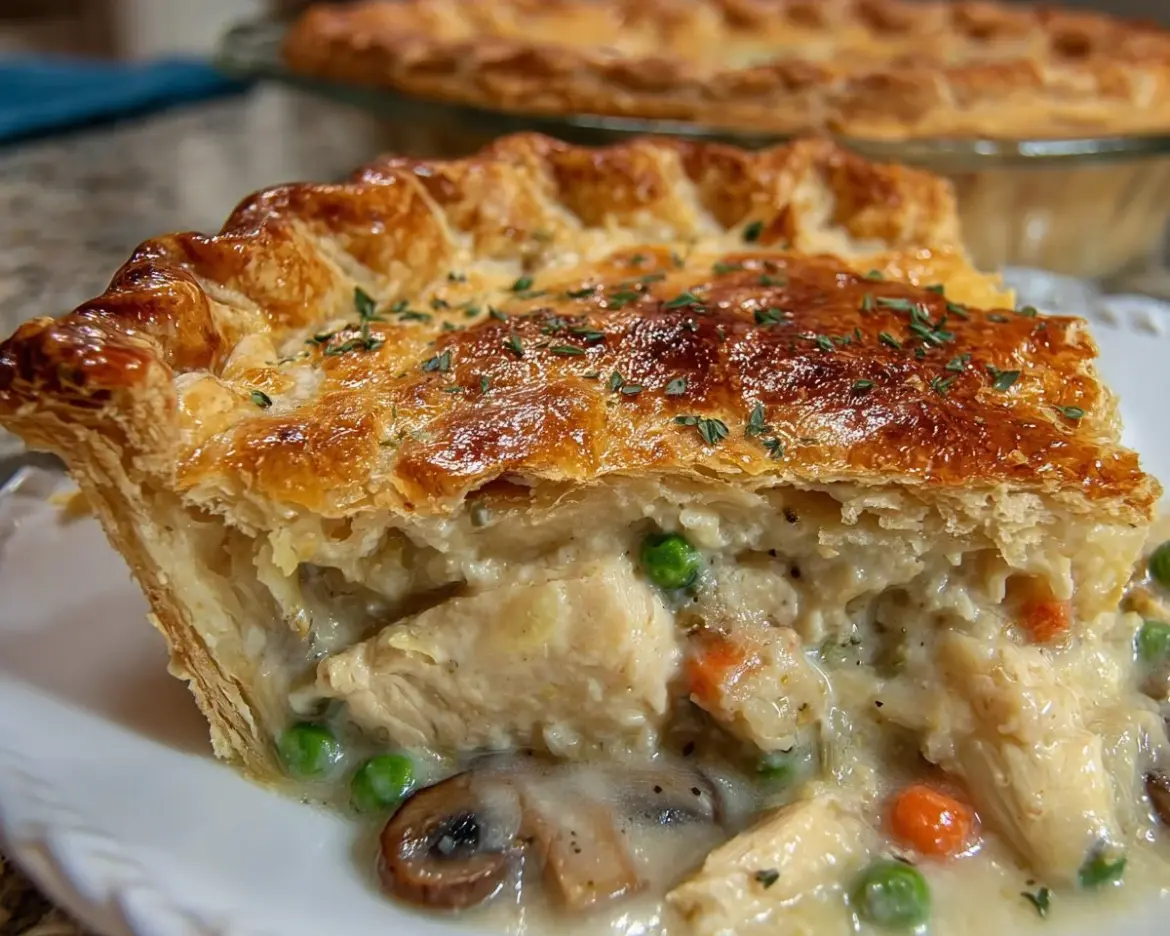 Delicious chicken pot pie filled with chicken and vegetables in a flaky crust