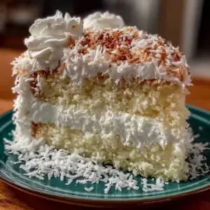 Delicious creamy coconut cake slice topped with coconut flakes