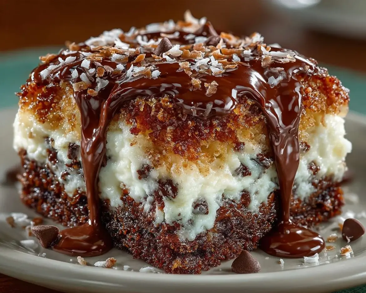 Delicious Earthquake Cake with cream cheese, chocolate, and nuts