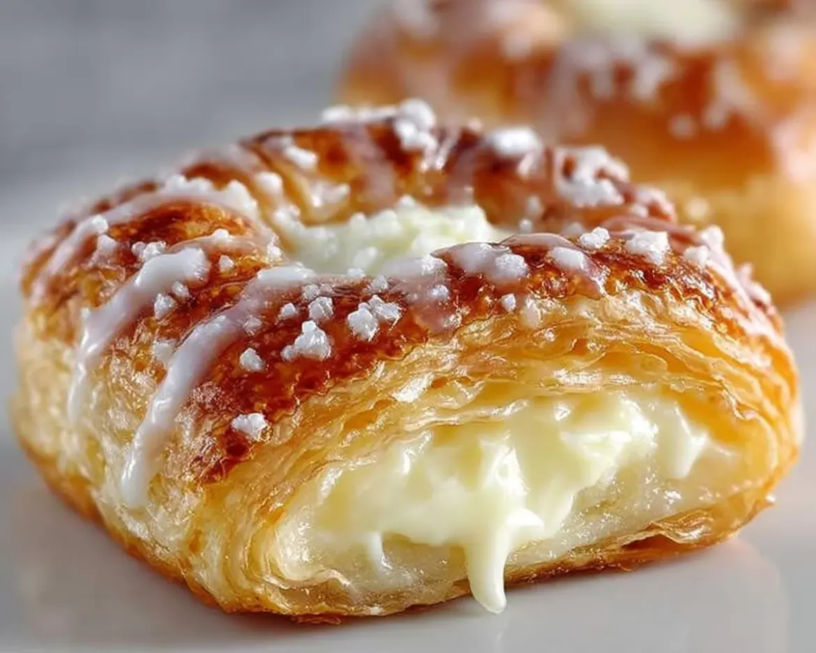 Easy 30 minute cream cheese danish topped with icing on a baking tray.