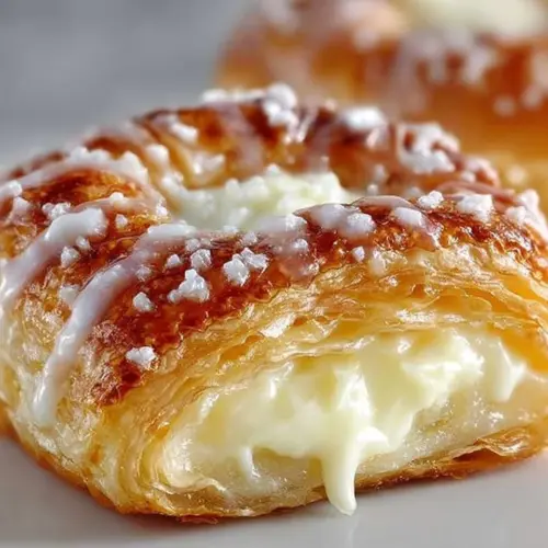 Easy 30 minute cream cheese danish topped with icing on a baking tray.
