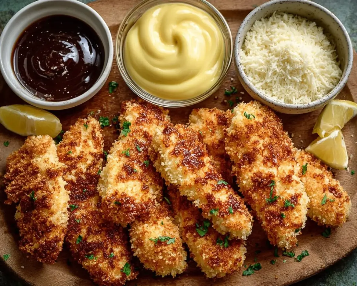 Delicious and crispy air fryer chicken tenders served with dipping sauce.
