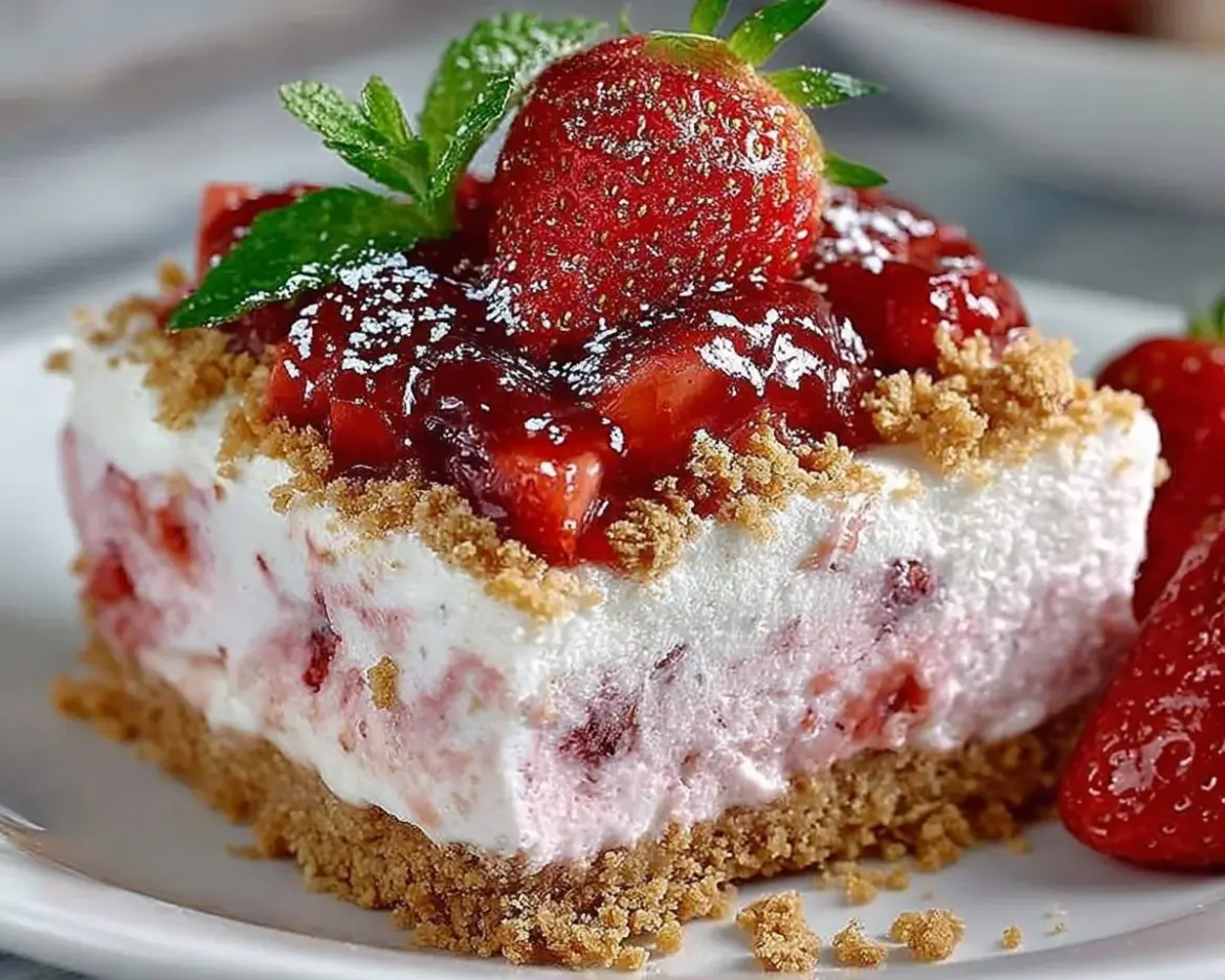 Easy frozen strawberry dessert served in a bowl with fresh strawberries on top.