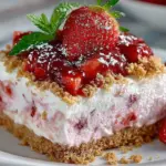 Easy frozen strawberry dessert served in a bowl with fresh strawberries on top.