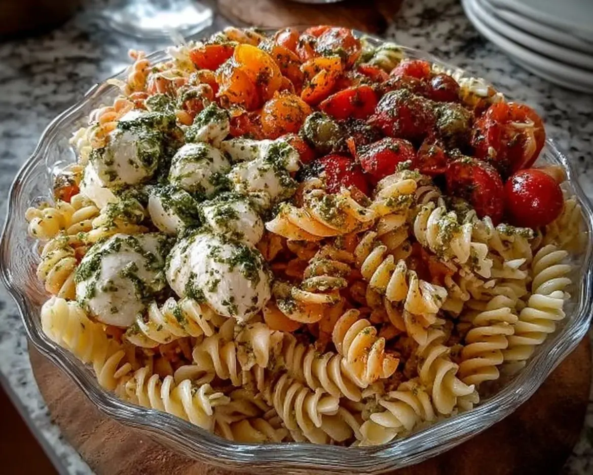Bowl of easy pasta salad with fresh vegetables and dressing