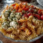 Bowl of easy pasta salad with fresh vegetables and dressing