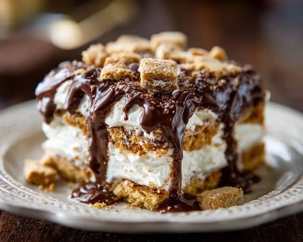 Decadent Eclair Cake with layers of cream and chocolate topping