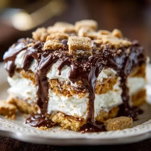 Decadent Eclair Cake with layers of cream and chocolate topping