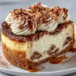 Delicious fluffy and creamy cinnamon roll cheesecake slice on a plate