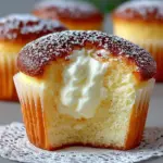 Fluffy Japanese cotton cheesecake cupcakes topped with cream and berries.