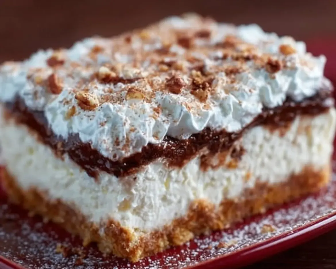Four Layer Delight dessert showcasing rich layers of flavor and textures.
