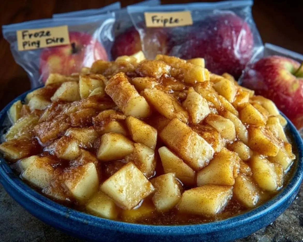 Homemade freezer apple pie filling in a jar ready for baking.