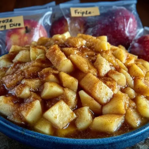 Homemade freezer apple pie filling in a jar ready for baking.