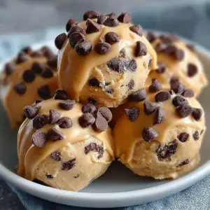 Frozen Greek yogurt peanut butter bites with chocolate chips on a plate