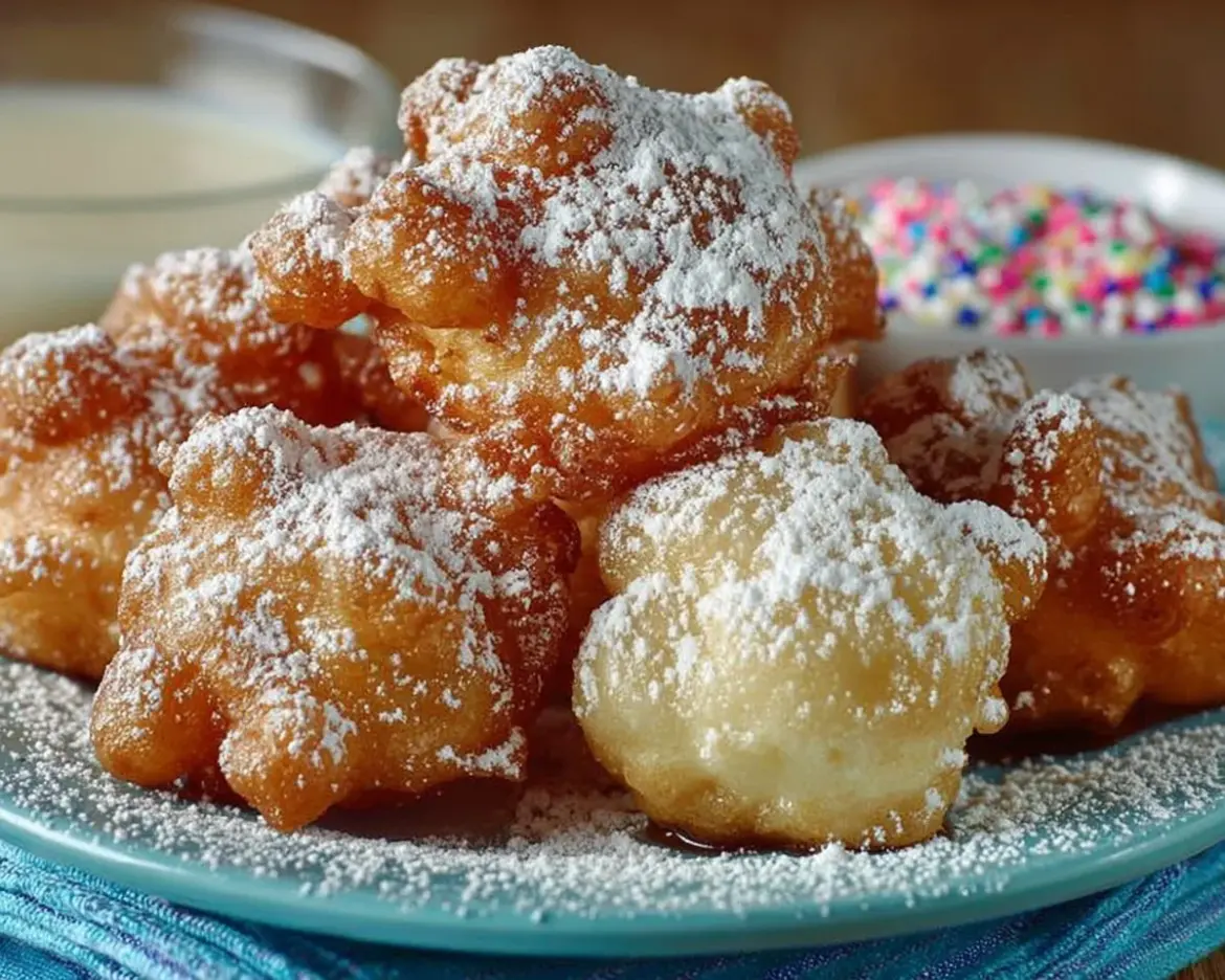 Golden brown funnel cake bites dusted with powdered sugar