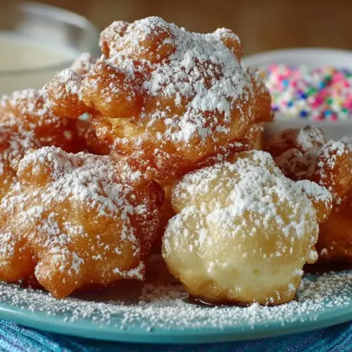 Golden brown funnel cake bites dusted with powdered sugar