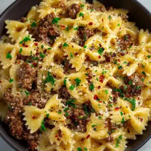 Garlic Butter Bowtie Pasta with Ground Beef, a delicious and easy recipe.