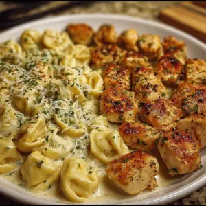 Garlic Butter Chicken Bites served with Creamy Alfredo Tortellini on a plate.