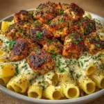 Delicious Garlic Butter Chicken Bites served with creamy rigatoni pasta