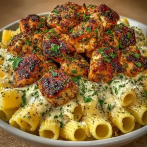 Delicious Garlic Butter Chicken Bites served with creamy rigatoni pasta