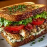 Garlic Butter Sandwich with grilled chicken, lettuce, and tomatoes on a plate
