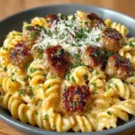 Garlic Butter Sausage Bites served with creamy Parmesan pasta dish