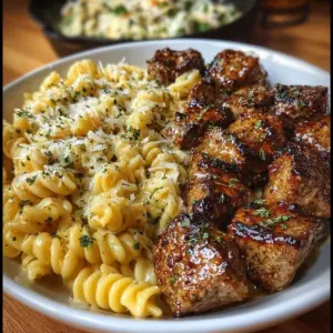 Garlic Butter Steak Bites served with creamy Alfredo pasta dish