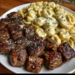 Delicious garlic butter steak bites served with creamy Alfredo tortellini