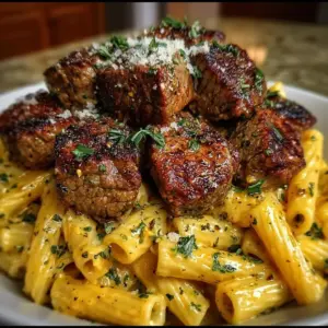 Garlic Butter Steak Bites served over creamy Pepper Jack Penne dish