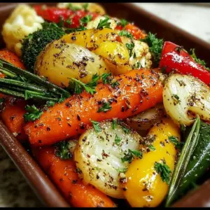 Bowl of garlic herb roasted veggies with colorful bell peppers, zucchini, and carrots.