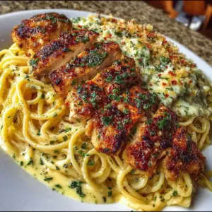 Garlic Parmesan Chicken spaghetti served in spicy Cajun cream sauce.