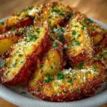 Crispy Garlic Parmesan Potato Wedges served in a bowl