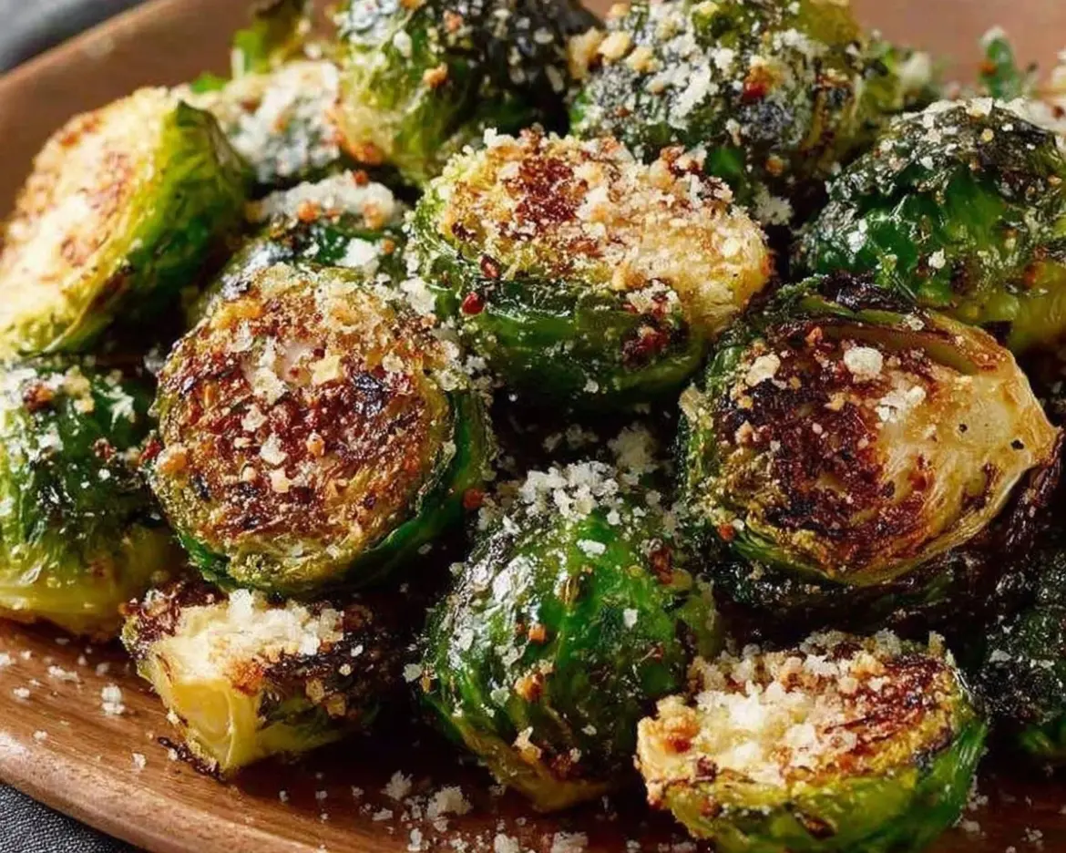 Bowl of Garlic Parmesan Roasted Brussels Sprouts garnished with Parmesan cheese.