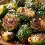 Bowl of Garlic Parmesan Roasted Brussels Sprouts garnished with Parmesan cheese.