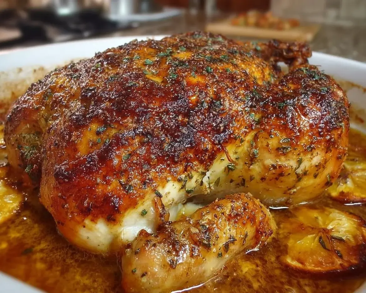 Juicy Garlic Roasted Chicken served with herbs and spices